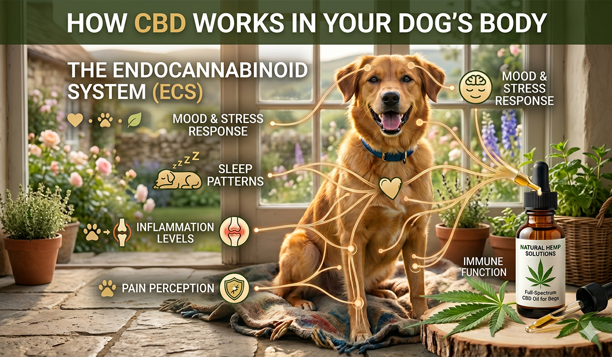 Golden retriever with CBD oil infographic explaining ECS, sleep, pain, inflammation, and immune support in dogs